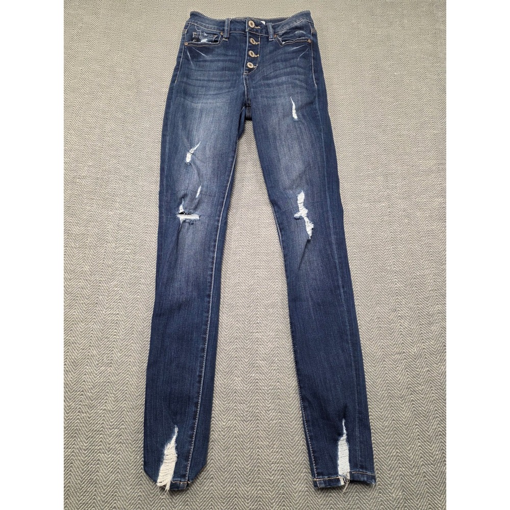 KanCan High Rise Skinny Jeans Dark Wash Distressed Button Fly KC6192LD Size 3/25